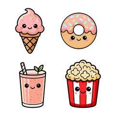 Cute cartoon icons of sweets and snacks: donut, ice cream and smoothie and popcorn with faces