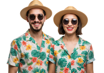 Happy tourist couple in summer clothes on transparent background 