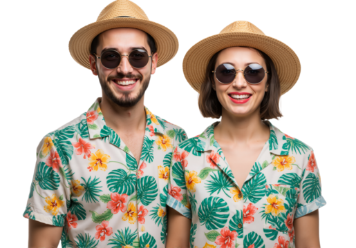 Happy tourist couple in summer clothes on transparent background 