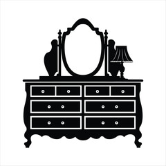 Black silhouette of a vintage dresser with mirror and lamp on white background furniture