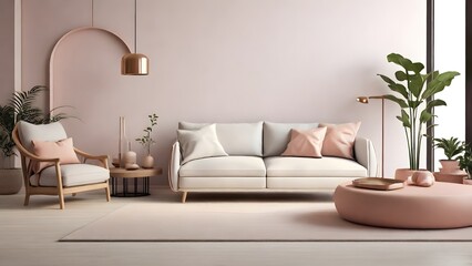 Fototapeta premium Serene living room interior with blush tones, modern furniture, and natural light