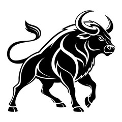 Powerful black bull silhouette with tribal design elements isolated on white background silhouette