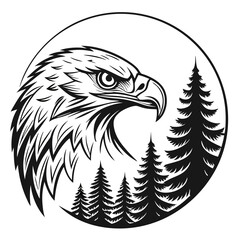 Majestic eagle head and pine trees in a circle silhouette isolated on white background