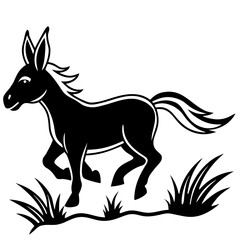 Black donkey silhouette running through grass isolated on white background silhouette