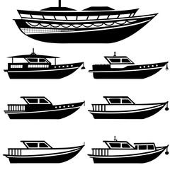 Collection of diverse boat silhouettes isolated on white background