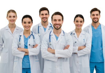 Successful and happy group of doctors isolated on transparent background, PNG