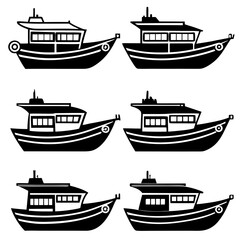 Collection of six identical fishing boat silhouettes isolated on white background