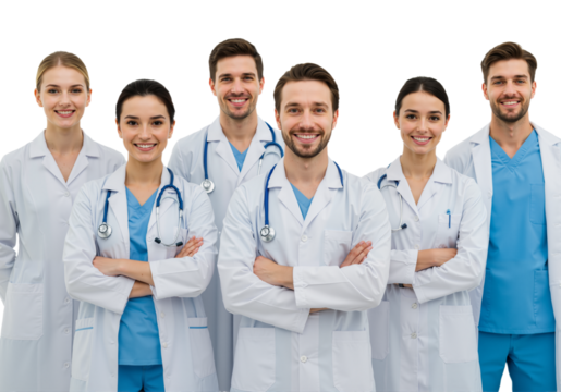 Successful and happy group of doctors isolated on transparent background, PNG