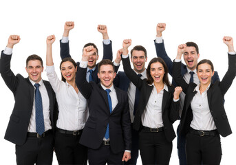 Successful and happy team with their hands up isolated on transparent background, PNG