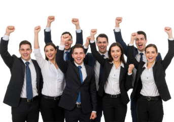 Successful and happy team with their hands up isolated on transparent background, PNG