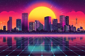 retro 1980s cityskyline with synthwave colors