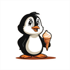 Obraz premium Cute Penguin with Ice Cream Cartoon | Happy Summer Dessert Illustration 
