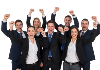 Successful and happy team with their hands up isolated on transparent background, PNG