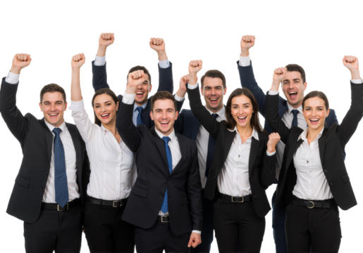 Successful and happy team with their hands up isolated on transparent background, PNG