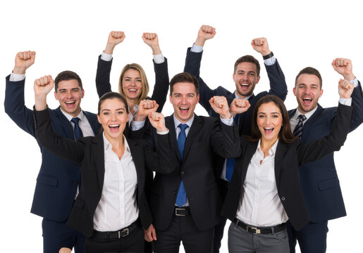 Successful and happy team with their hands up isolated on transparent background, PNG