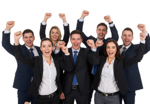 Successful and happy team with their hands up isolated on transparent background, PNG
