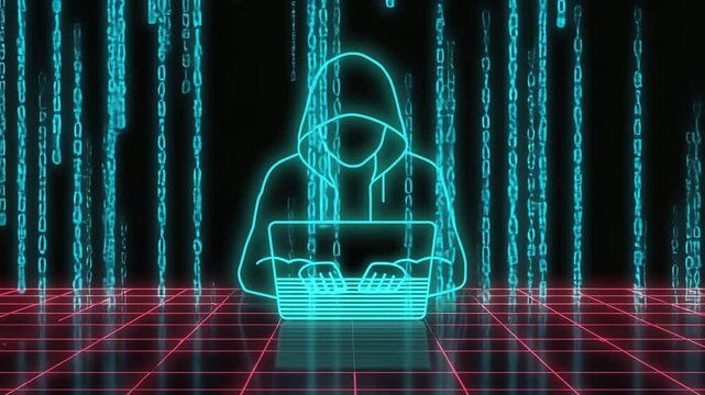 Anonymous Hooded Hacker in Glowing Neon Matrix Typing at Laptop in Digital Grid