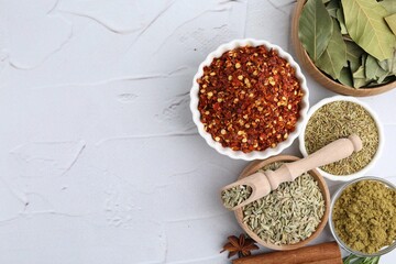Different aromatic spices on light grey textured table, flat lay. Space for text
