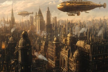 steampunk cityskyline with airships and brass buildings