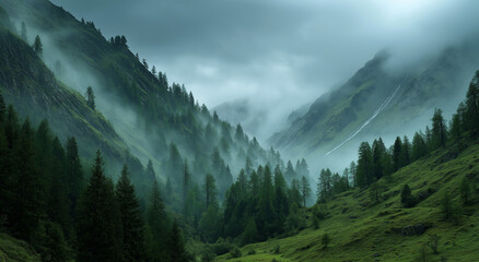 Epic misty mountain landscape with towering jagged peaks, dense evergreen forest covering the slopes, layers of fog drifting through the valleys, dramatic moody lighting breaking through the clouds