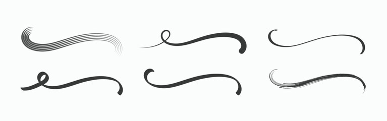 Collection of Six Elegant Black Swirl and Curl Design Elements on White Background