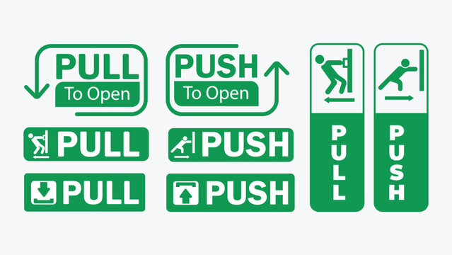 Collection of Green and White Pull and Push Door Instruction Signs on Plain Background