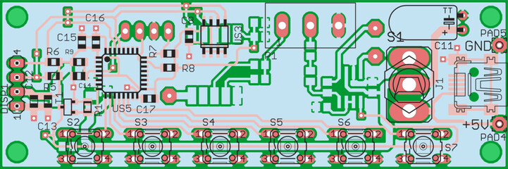Obraz premium Vector printed circuit board of electronic device with components of radio elements, conductors and contact pads placed on pcb. Engineering technical drawing. Computer technic cad design.
