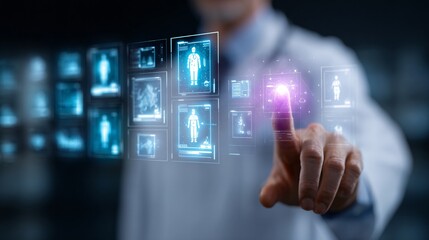Fototapeta premium Doctor in hospital environment accessing electronic health records through a transparent futuristic interface with glowing icons of folders and patient charts