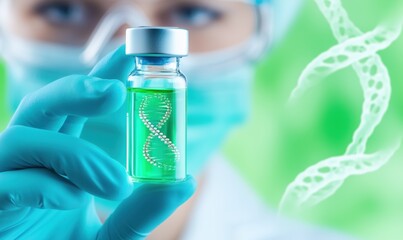Scientist holding vial with DNA strand — genetic research concept