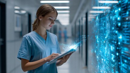 Young nurse in modern uniform standing in a hospital hallway interacting with futuristic holographic folders and medical records, symbolizing digital data management in healthcare