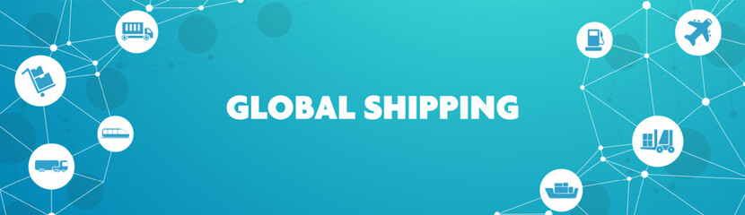 Global shipping and supply chain vector illustration. Abstract concept with world map background and connected icons related to international import and export, distribution and transportation.