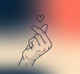 Korean Finger Heart Gesture of Love: A hand forms the universally recognized "finger heart" gesture, symbolizing love, affection, and connection against a beautifully blurred gradient backdrop.