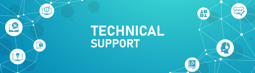 IT support vector illustration. Blue concept with icons related to IT helpdesk, hotline or helpline, remote or online tech support, technical assistance, specialist software support.