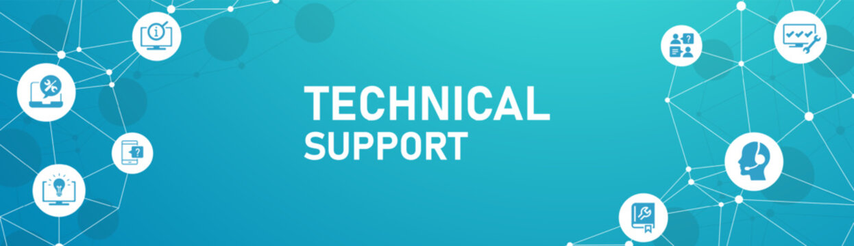 IT support vector illustration. Blue concept with icons related to IT helpdesk, hotline or helpline, remote or online tech support, technical assistance, specialist software support.