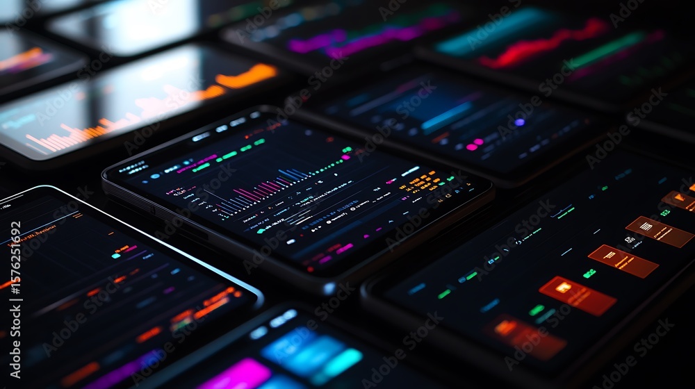 Aufkleber multiple devices displaying stock market data with charts and graphs in a dark setting shown close u