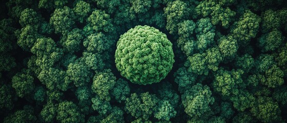 Green sphere surrounded by many similar shapes.