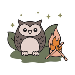 Camping Owl Roasting Marshmallows Over Fire