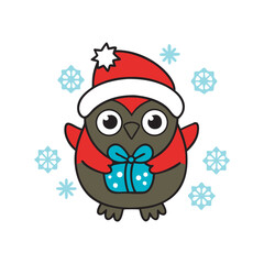 Christmas Owl With Santa Hat And Gift Box