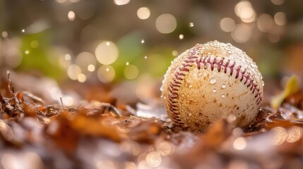 Wet Baseball on Autumn Leaves