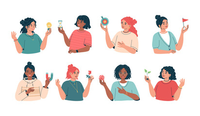Young women and men holding elements of business strategy, development, planning in hand.  People with items of effective work, solutions, ideas. Sprout, hourglass, puzzle, puzzle. Vector illustration