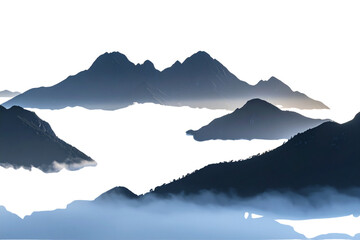 Dark Mountain Silhouette with Rolling Morning Fog, Isolated on Transparent Background