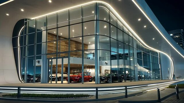 Modern Car Dealership Exterior at Night with Sleek Design and Illuminated Facade