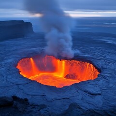 Glowing lava within a volcanic crater at dusk, emitting smoke
