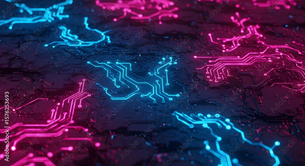 Poster abstract circuit board pattern with neon lights technology and innovation background