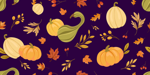 Seamless Fall Pattern with Pumpkins, gourds, autumn leaves, and berries on a dark background in flat seasonal design.Autumn Harvest Vector Background with Gourds and Foliage