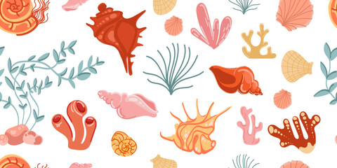 Obraz premium Ocean Themed sea shells Seamless pattern with coral, and underwater plants in flat hand drawn style on white background.Repeating Tropical Sea Life Pattern in Flat Design. Vector illustration