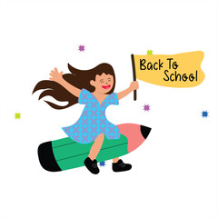 Happy Girl Riding Pencil with Back to School Flag | Fun Education Cartoon Illustration on White Background