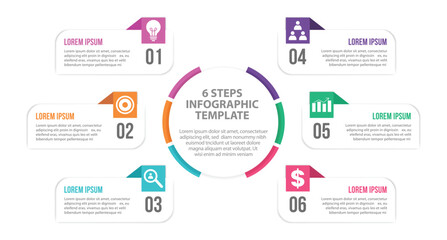 6 step business infographic template with arrows and flowchart elements. ideal for visualizing strategy, development, and planning in corporate presentations. clean, modern vector design.