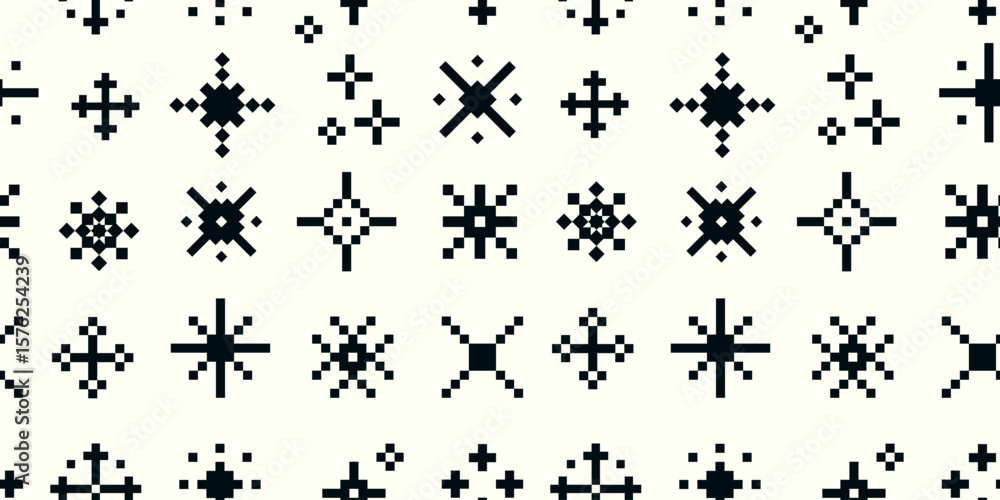 Poster repeating pattern of abstract geometric pixel shapes in black on a white background with symmetrical