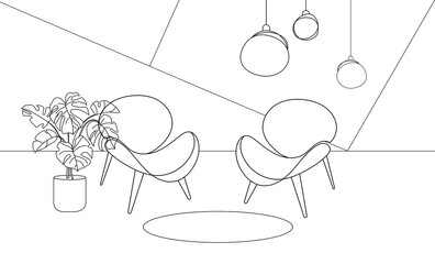 Modern lounge with two curved chairs Outline drawing , potted plant, pendant lights, and geometric wall design in minimalist line art style. Vector illustration